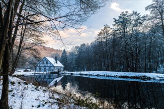 Winter evening mood with house by a pond and snow-covered trees, Kaeshammer, Gelpe, Elberfeld,
