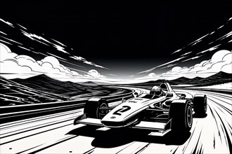 Formula race car on race track, black and white line art, AI generated