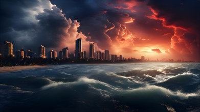 City skyline imminent hurricane clouds swirling above the ocean, AI generated