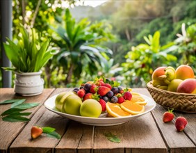 Rustic wooden table with a lavish fruit platter, surrounded by green plants in daylight, AI