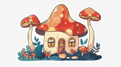 Vibrant cartoon style illustration of an elongated mushroom house with a charming blue door, ai