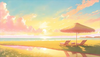 Beautiful summertime illustration with sunbeds on the turf in front of the sunset over sea.