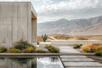 Modern concrete building with water features in a desert landscape with mountains in the
