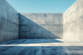 Sun casts a sharp shadow on a minimalist concrete structure, AI generated
