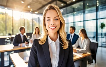 Self-confident woman with blonde hair standing in the office, professional businesswoman, young