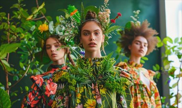 Three models adorned with botanical elements in a green setting AI generated
