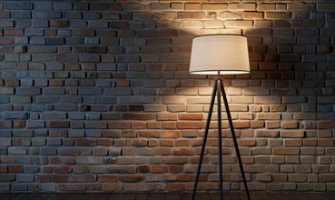 A chic tripod lamp casts a soft light on a textured brick wall, creating an inviting space AI