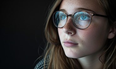 Close-up of a thoughtful young woman's face, glasses reflecting light AI generated