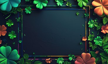 Neon clovers framing a dark background offer modern contrast with vibrant green and orange accents