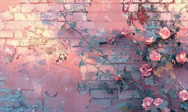 Artistically painted wall with delicate roses and spreading vines in pastel hues AI generated