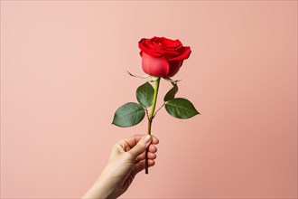 Hand holding single red rose flower in front of pink studio background. KI generiert, generiert AI