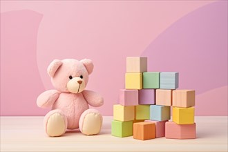 Pink children's toy teddy bear and colorful stacking stones on pastel pink background. KI
