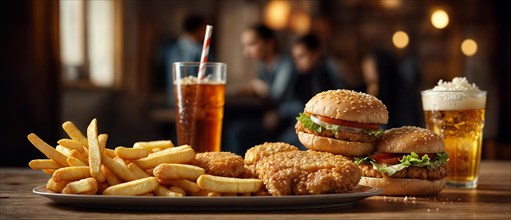 A meal of burgers in a restaurant, fries, chicken, beer, and soda on a wooden table, wide