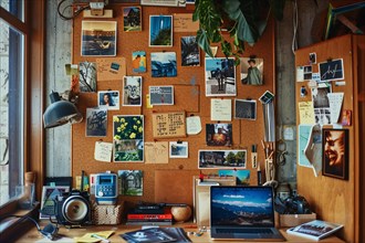 A cluttered vintage home office with a corkboard full of photographs and notes, AI generated