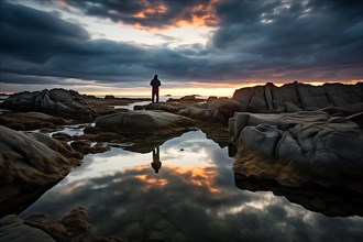 Silhouette of a person on a rocky coast at an atmospheric sunset, AI generated
