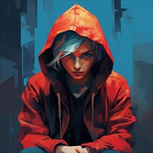 Illustration, teenager with hoodie in gloomy surroundings looks sadly into the camera, symbolic