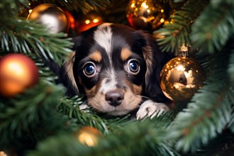 Cute dog puppy hiding between tree baubles in Christmas tree. KI generiert, generiert AI generated