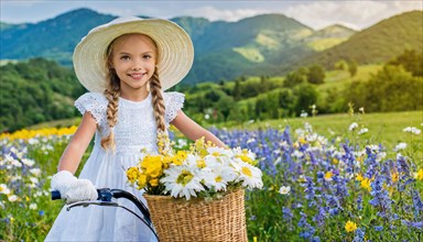 KI generated, A blonde girl rides her bike and enjoys the summer in a meadow with many flowers,