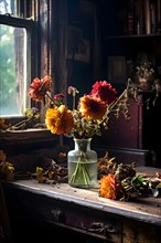 Still life with wilted flowers exuding elegance in decay, AI generated
