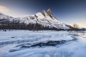 Ice structures in front of Mount Otertinden, Signaldalen, Lyngenfjord, Tromso, Norway, Europe