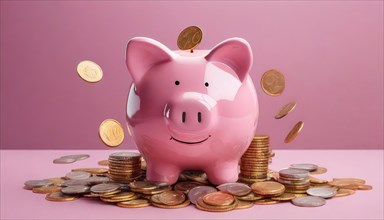 AI generated, A pink piggy bank full of coins