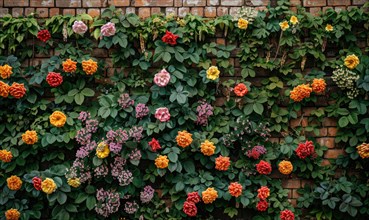 Various flowering plants create a decorative natural pattern against an old brick wall AI generated