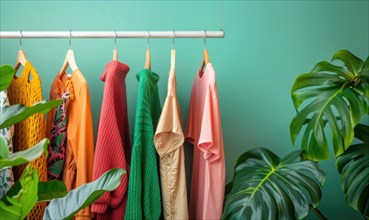 Colorful assortment of clothes hanging neatly against a green wall alongside indoor plants AI