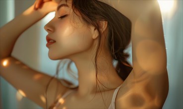A serene woman bathed in soft golden hour light with a relaxed, contemplative expression AI