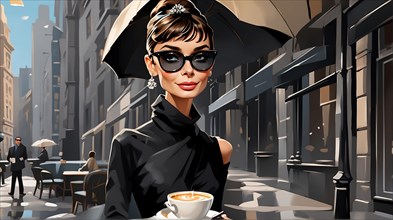 Elegant woman with sunglasses under an umbrella in a European cafe setting, 1960's mood, AI