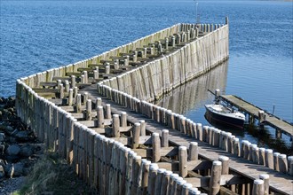 Wooden piles in the water form a jetty next to a boat at a quiet harbour, Veere, Zeeland,
