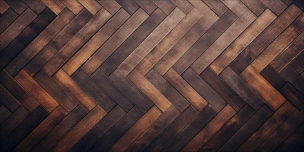 Banner with dark brown wooden herringbone tile floor background. KI generiert, generiert AI