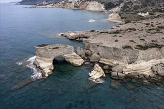 The coast near Malolo, aerial view, Milos, Cyclades, Greece, Europe