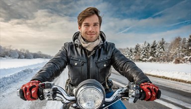 AI generated, A young man rides a motorbike through a winter landscape