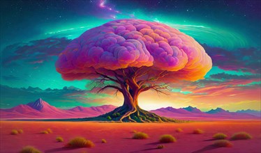 Synthwave tree surreal scene. Majestic ancient wood with a purple cloud instead of leaves crown