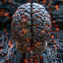 Medical a human head with brain and computer chip, symbol image KI in the human brain, ai