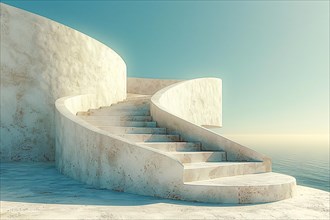 Curved white concrete staircase leading up to a serene sea view under a clear sky, AI generated