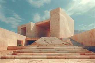 Angular, brutalist beige building with stairs and deep shadows under blue sky, AI generated