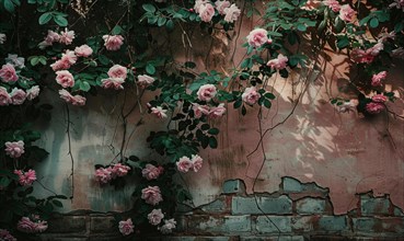 Vintage wall with pastel pink roses and vines signifying beauty in decay AI generated