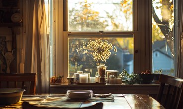 Cozy autumn morning scene with a warm golden sunlight shining through the window AI generated