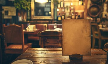 A worn old menu board on a wooden tavern table in a cozy dimly lit atmosphere AI generated
