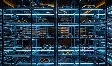 Multiple pairs of eyeglasses on illuminated shelves with blue lighting in a modern store AI