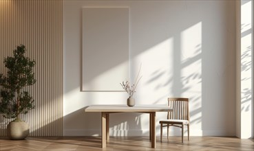 Serene modern interior with minimalist wooden table and chair set, and an empty frame overhead AI