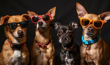 A group portrait of four dogs wearing vibrant sunglasses against a black background AI generated