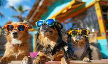 A group of dogs with sunglasses in front of a beach house showing relax vibe AI generated