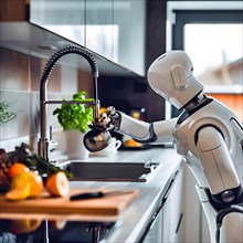 A modern robot works in a bright clean kitchen and fills water into a metal jug, AI generated, AI