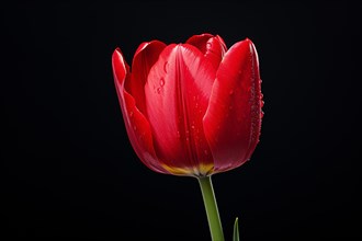 Single bright red tulip spring flower in front of black background. KI generiert, generiert AI