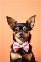 Cute tan colored Chihuahua dog with pink bow tie on orange studio background. KI generiert,