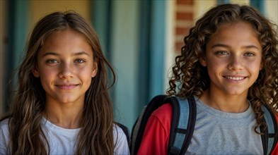 Smiling teenage twins wearing casual clothes and backpacks in a school corridor, wide horizontal