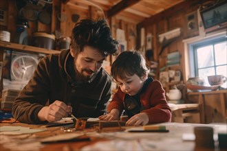 Father and young son drawing together in a carpentry workshop, AI generated