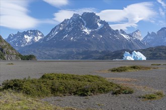 Iceberg and mountain scenery, Lago Grey, Torres del Paine National Park, Parque Nacional Torres del